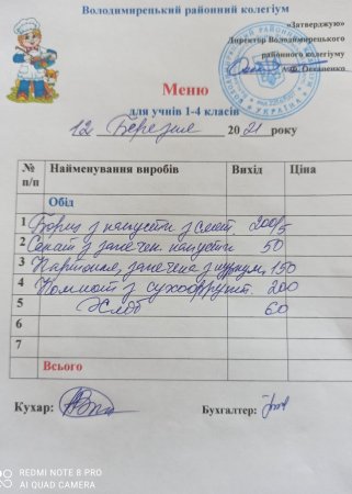 Меню на 12.03.2021 року для учнів 1-4 класів та ГПД