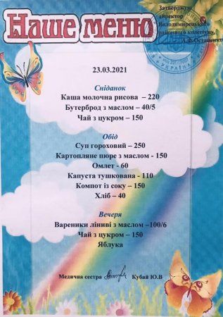 Меню на 23.03.2021 року